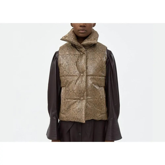 Nanushka Morillo Brown Snake Vinyl Puffer Vest Small Vegan